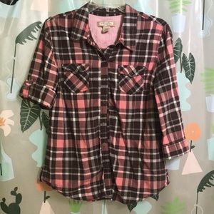 Arizona jean company pink&brown plaid snap button down 2 pocket shirt